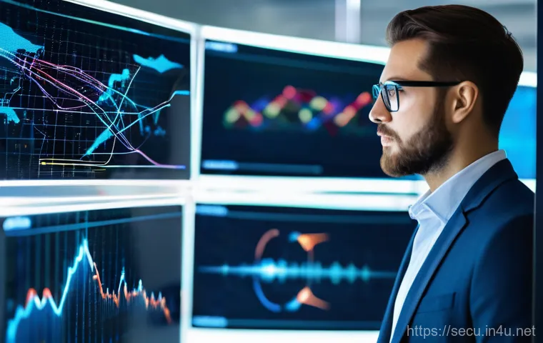 정보보안 실기 시험 대비 최신 기술 동향 분석 - A focused cybersecurity professional, in their late 20s to early 30s, dressed in smart casual busine...