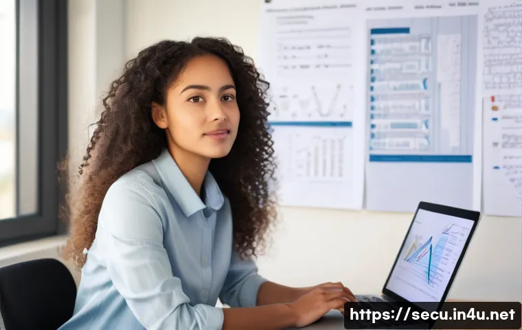 정보보안 자격증을 활용한 스타트업 취업 후기 - **Prompt 1: A determined young woman, a former non-major, sits at a clean, modern desk. In front of ...