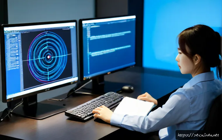 정보보안 실무에서 경험한 침투 테스트 사례 - Photorealistic cybersecurity penetration testing workspace, ethical security analyst in a modern off...