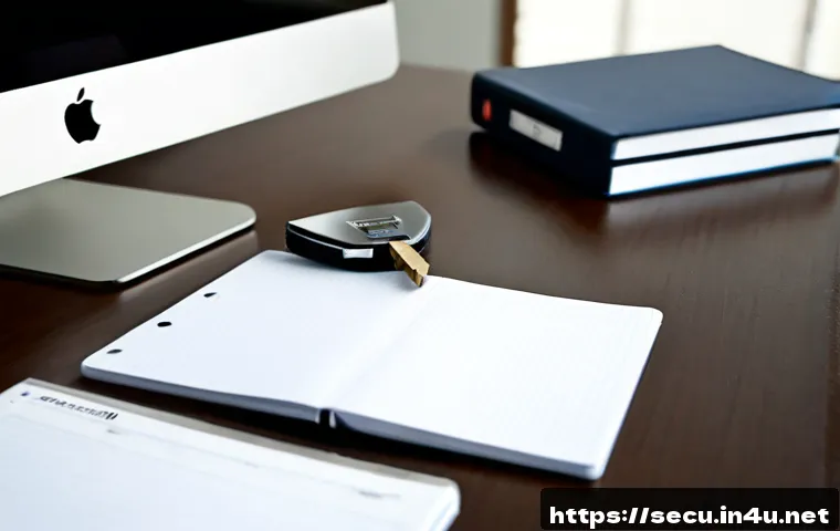 정보보안 필기 시험에서 출제된 주요 개념 정리 - Photorealistic cybersecurity exam study desk, neatly arranged blank notebook pages, unmarked flashca...